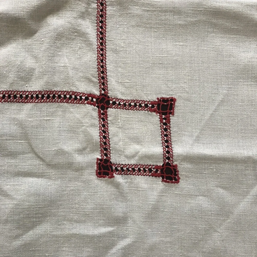 Vintage White Red Linen Cutwork Tablecloth Bed Side Table 31